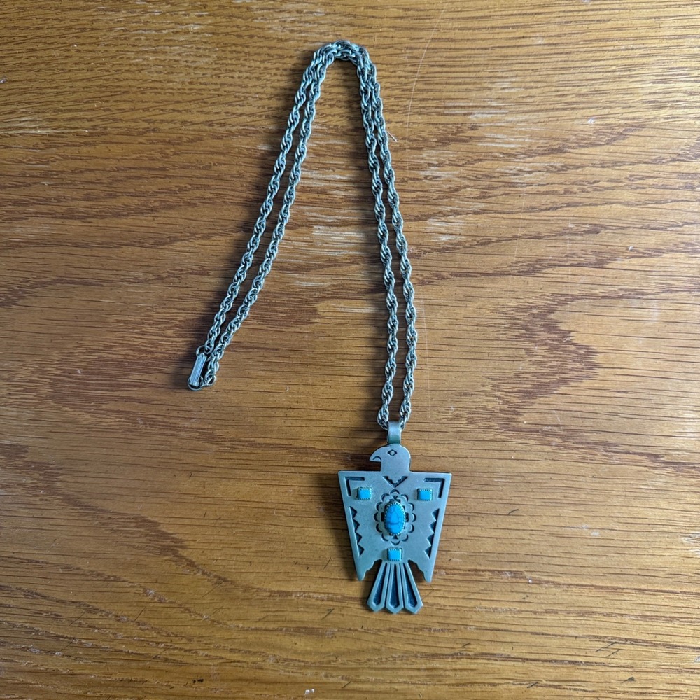 Southwest Thunderbird Necklace Turquoise Nickel Silver Rope Chain Pendant